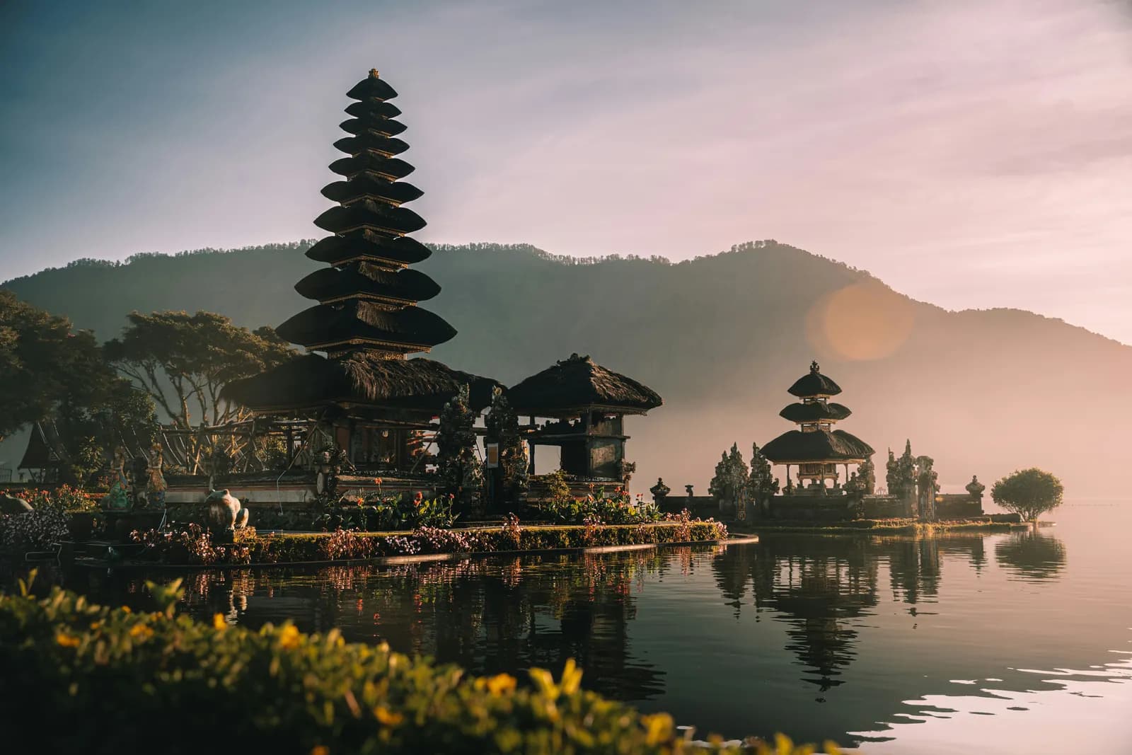 Pura Ulun Danu Bratan temple on Lake Bratan at sunrise in Bali