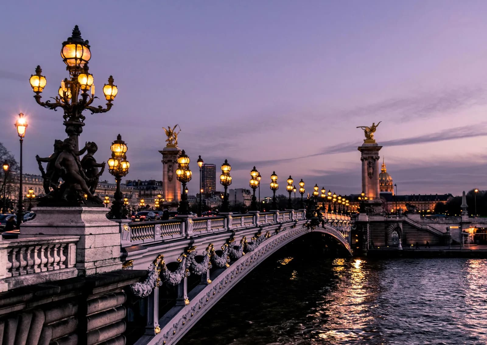 Pont Alexandre III over the Seine at dusk in Paris
