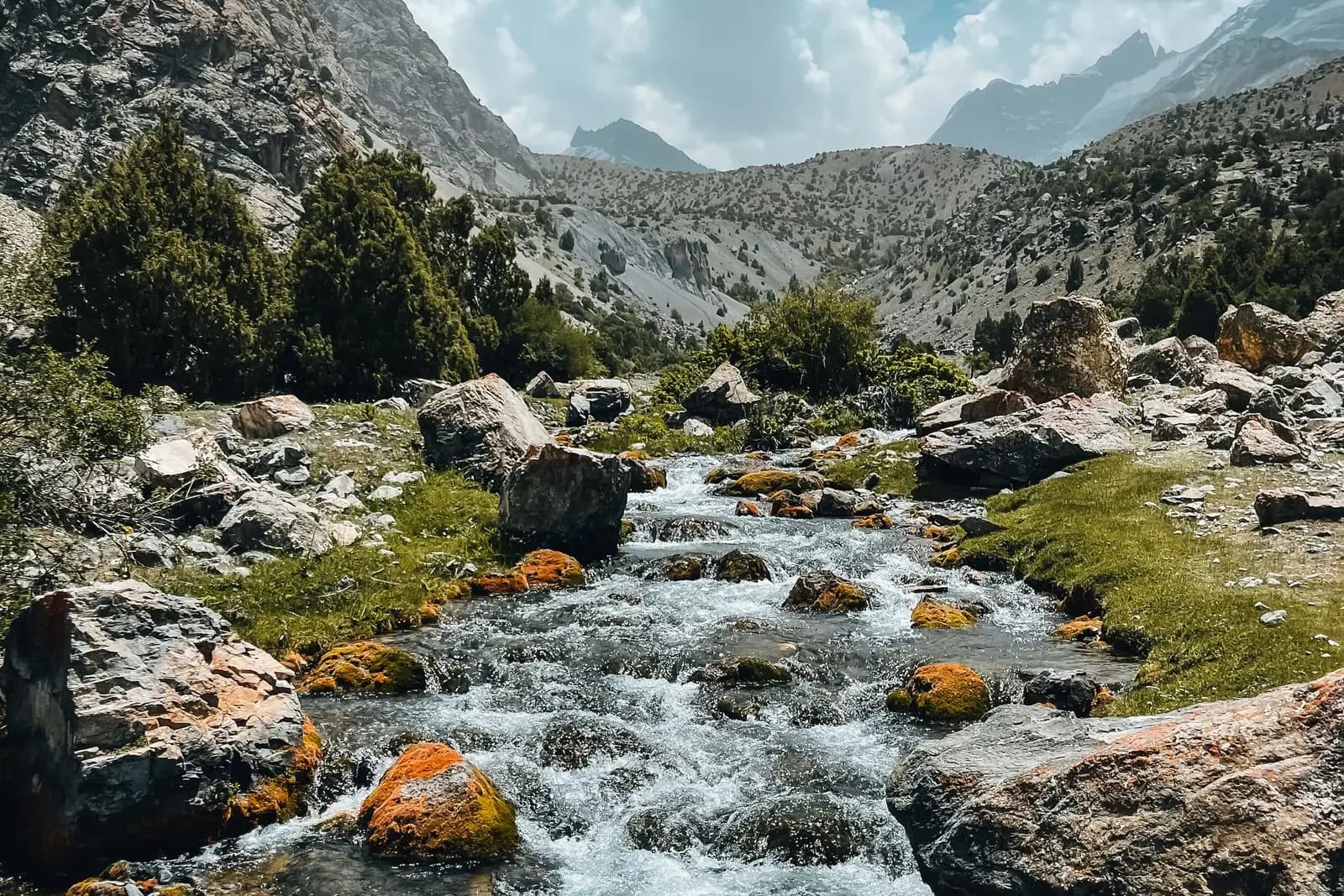 A mountain stream running through a rocky valley in Tajikistan